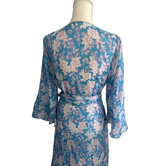 HANNAH Artwear Blue Floral 100% Silk Midi Wrap Dress One / Free Size - Picture 7 of 15